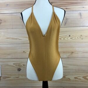Los Angeles Apparel Swimsuit Womens S Gold Metallic High Cut V-Neck One Piece